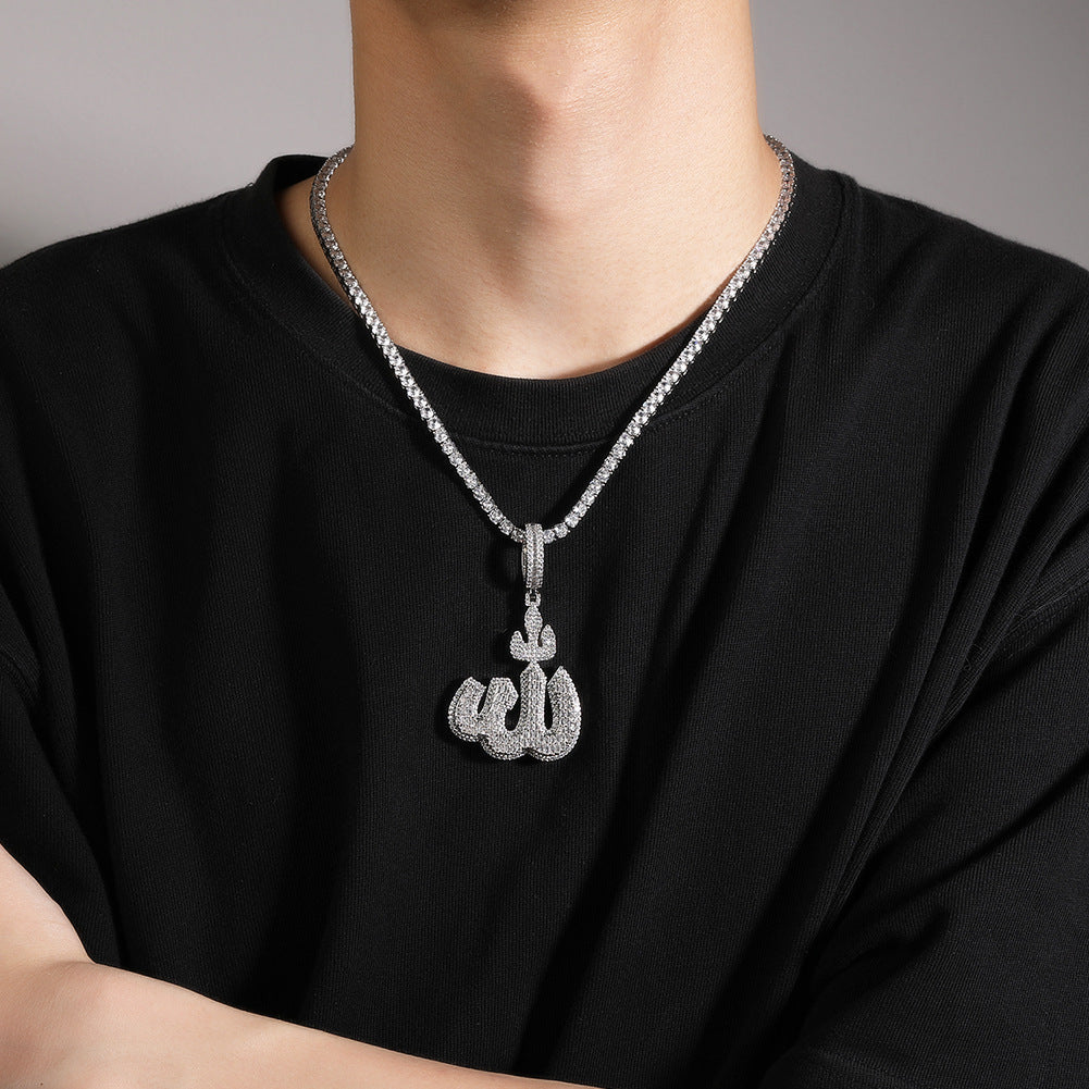 Arabic symbol pendant hip hop necklace copper inlaid with zircon silver personalized retro men's necklace