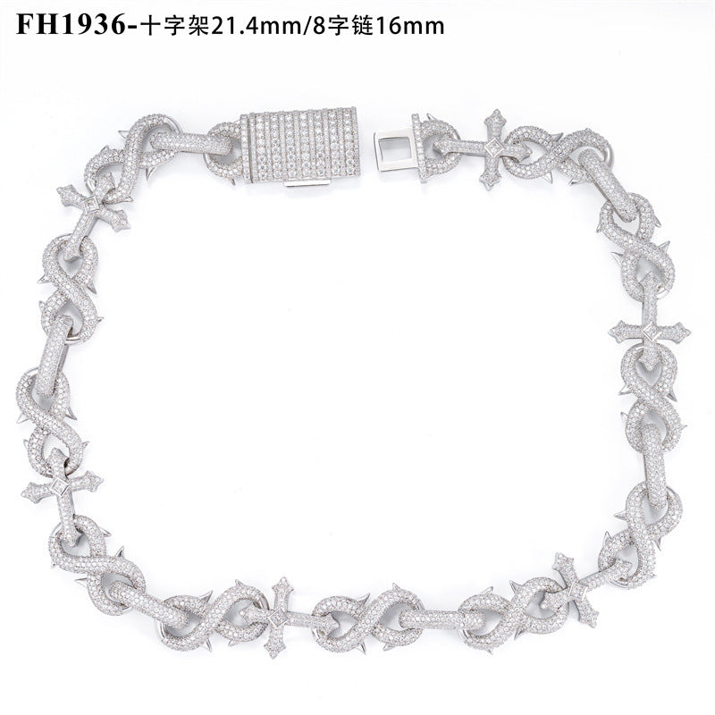 16mm silver inlaid moissanite full diamond Cuban chain Men's dense diamond 8-digit hip-hop necklace bracelet