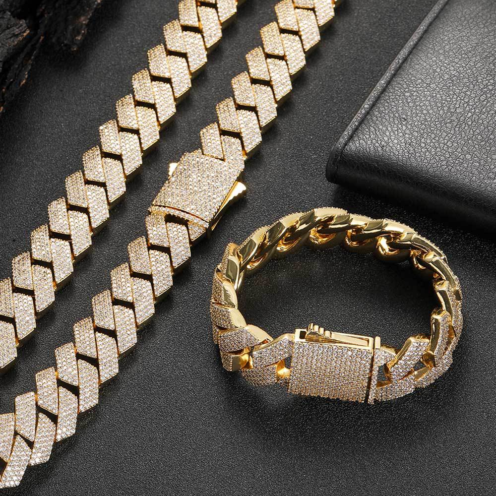 19mm snap button Cuban chain four rows of zircon bracelet necklace