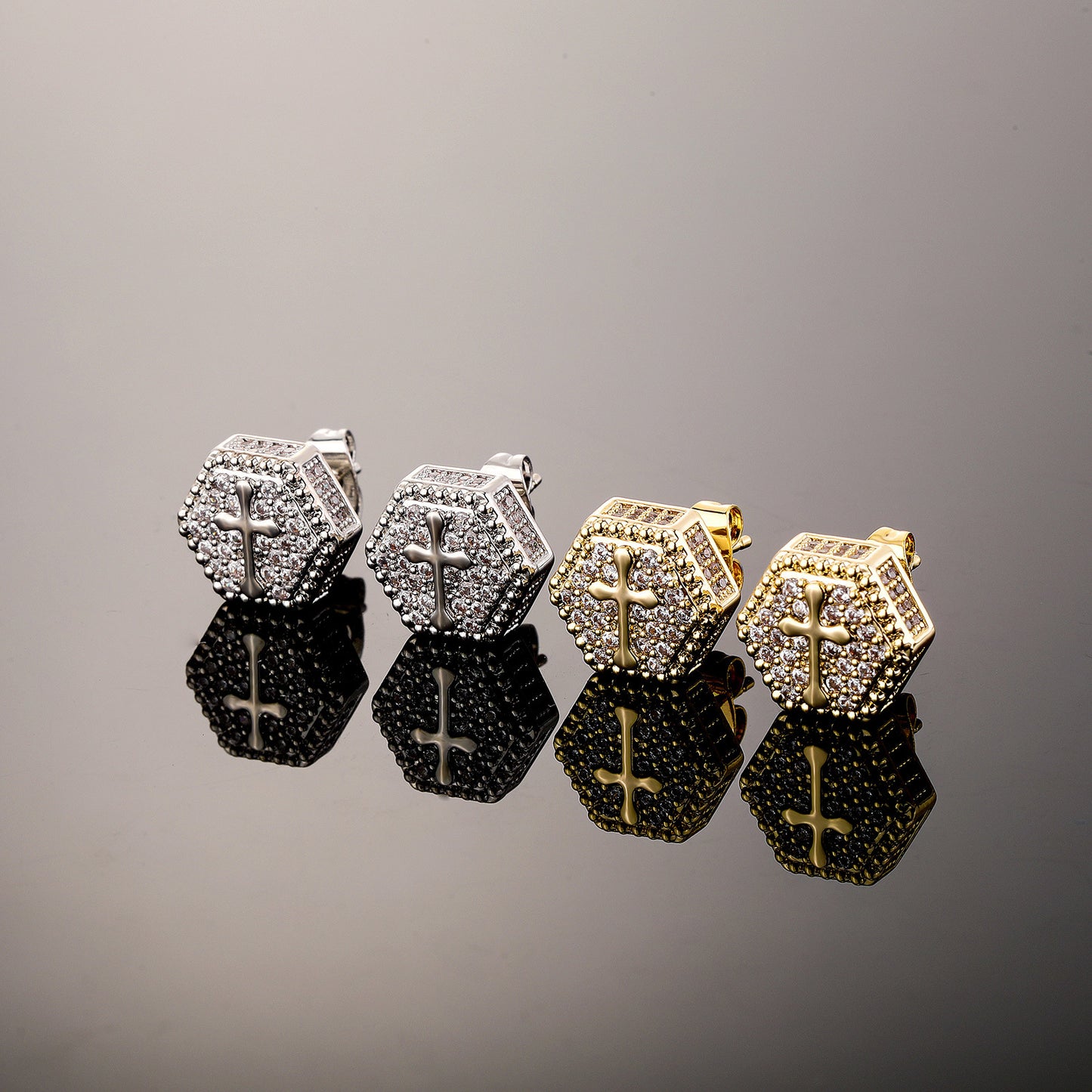 Cross Zircon Hip Hop Earrings Men's Hexagon Full Diamond Earrings