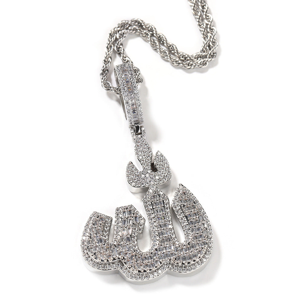 Arabic symbol pendant hip hop necklace copper inlaid with zircon silver personalized retro men's necklace