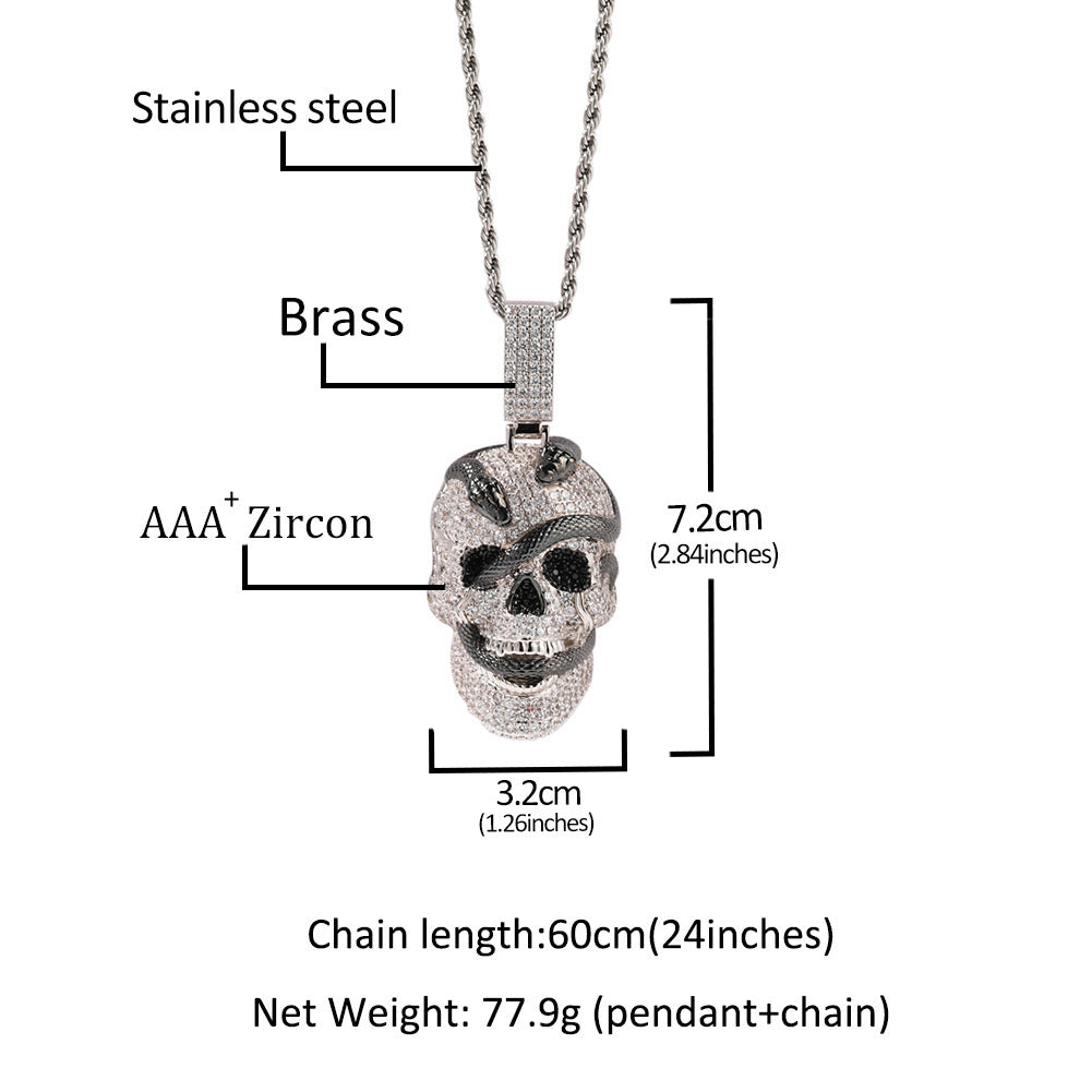 Coiled snake skull pendant necklace, zircon inlaid street retro trendy jewelry