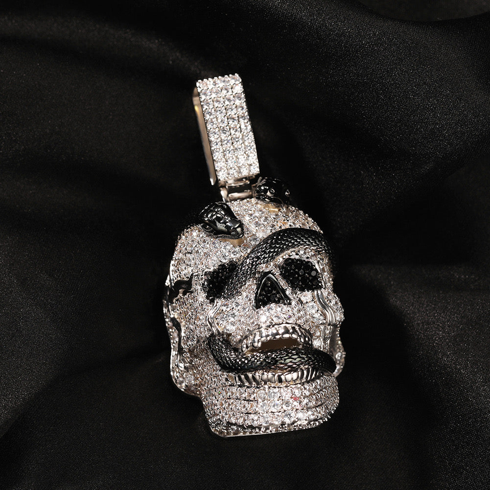 Coiled snake skull pendant necklace, zircon inlaid street retro trendy jewelry