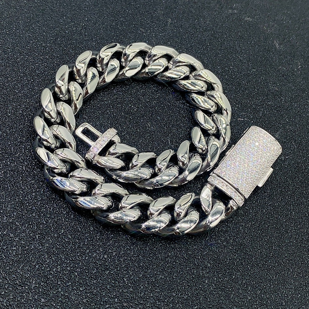 12mm stainless steel chain silver moissanite buckle Cuban chain